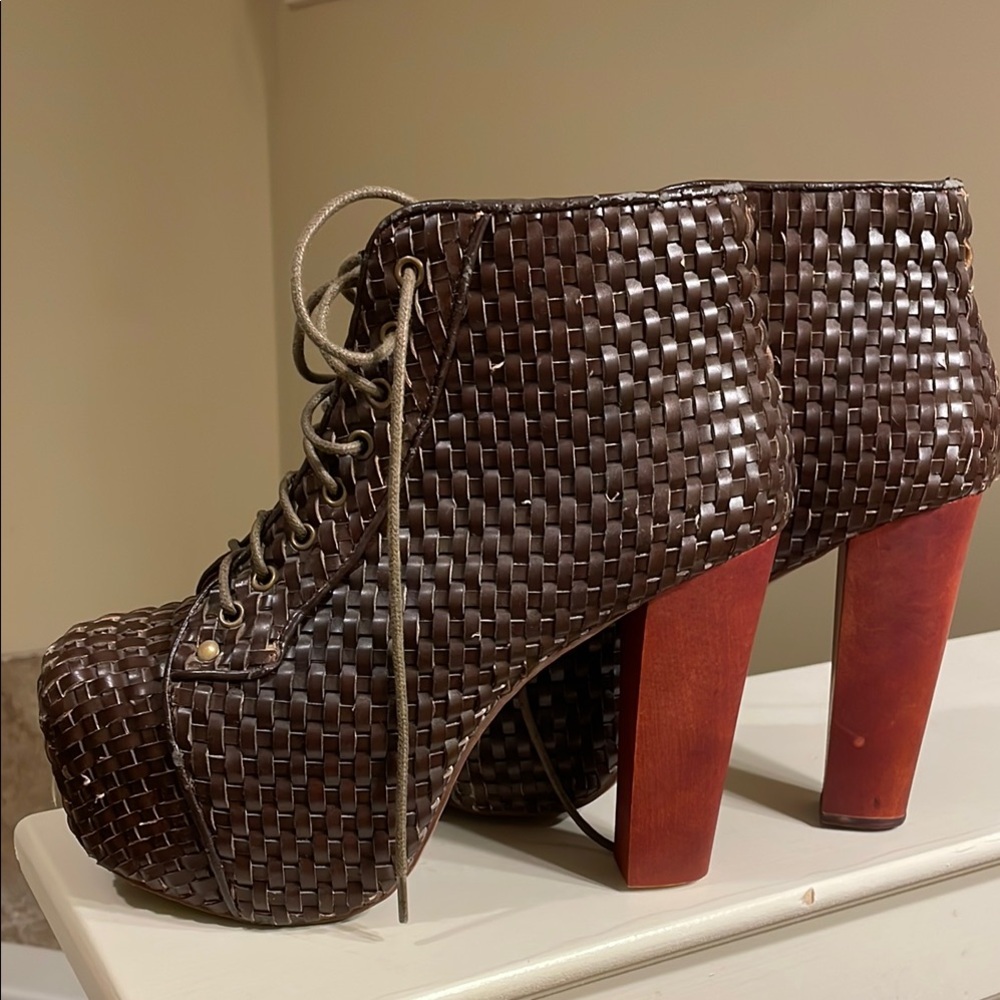 Donated Jeffrey Campbell Lita Brown Woven Platform Ankle Boots